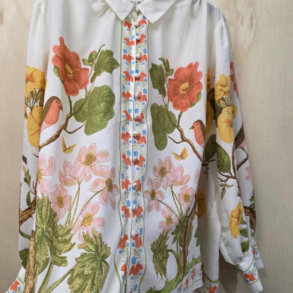 Rose + Olive Floral Bird Print Button Down Blouse White Plus 3X Long Sleeve - Picture 13 of 16